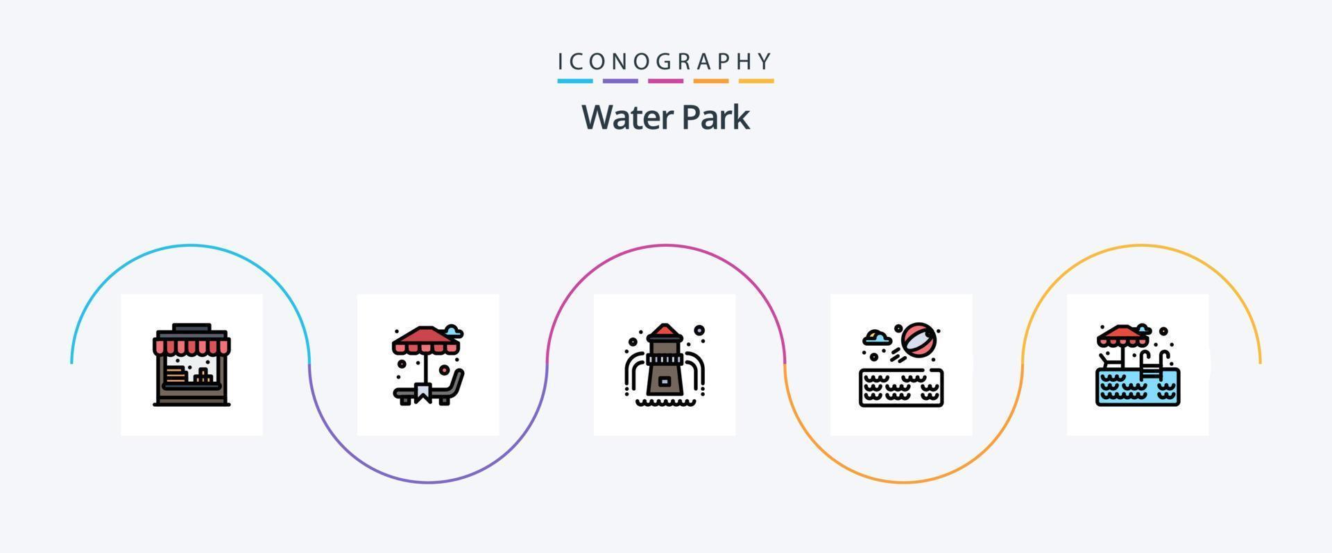 Wasserparklinie gefülltes flaches 5-Icon-Paket einschließlich. Garten. Baden. Wasser vektor