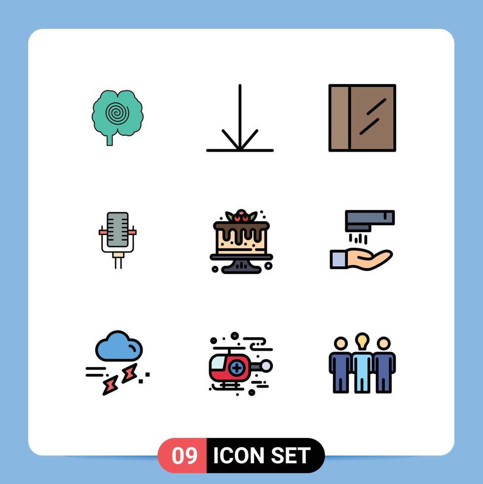 9 fylld linje platt Färg begrepp för webbplatser mobil och appar tvätta sötsaker mikrofon mat kaka redigerbar vektor design element