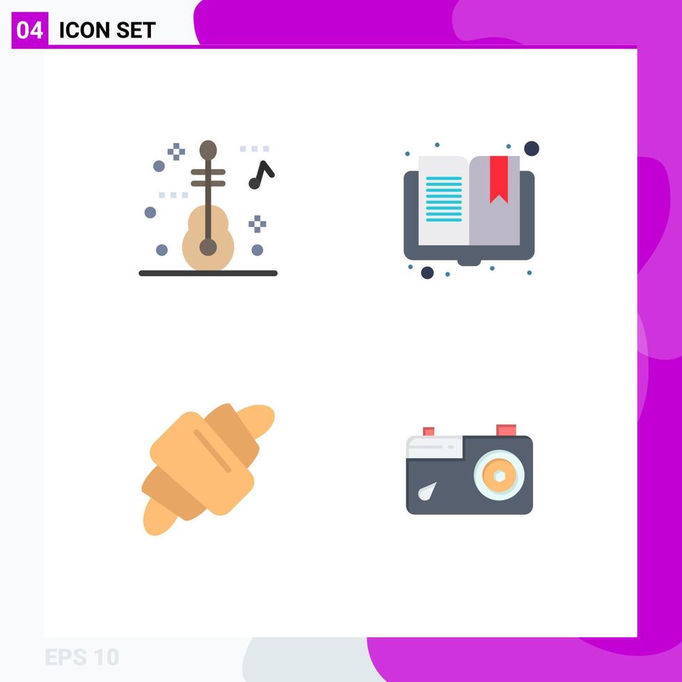 Aktienvektor-Icon-Pack mit 4 Zeilenzeichen und Symbolen für Gitarren-Essen-Buch-Lesekamera editierbare Vektor-Design-Elemente vektor