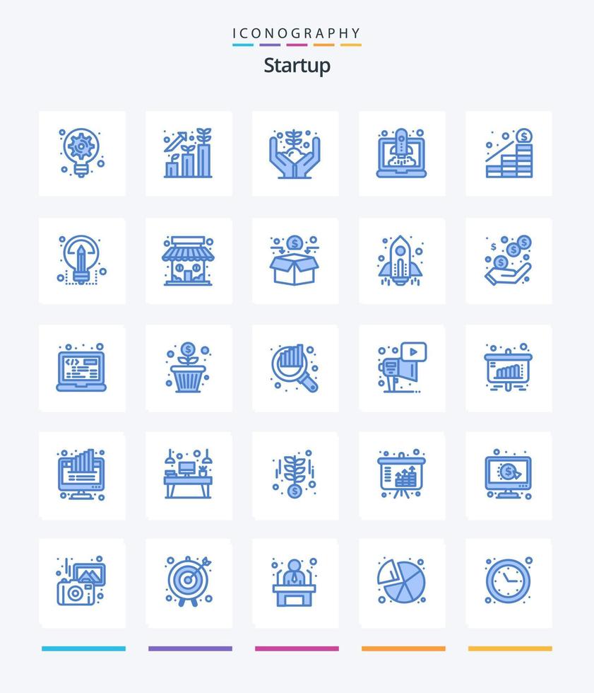 kreatives Startup 25 blaues Icon Pack wie Erhöhung. Anfang. Wachstum. beschleunigen. Schub vektor