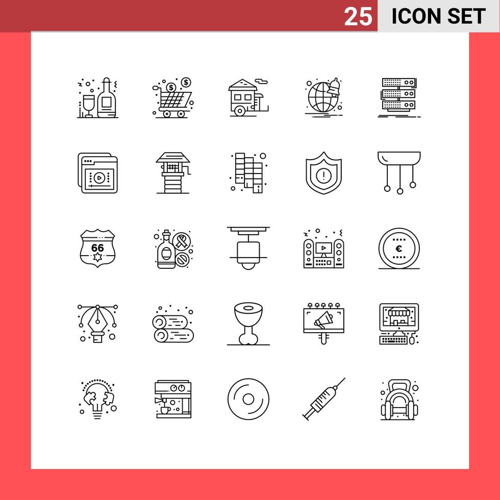 Piktogrammsatz aus 25 einfachen Zeilen von Serverbenachrichtigungen Shopping-Browser-Trailer editierbare Vektordesign-Elemente vektor