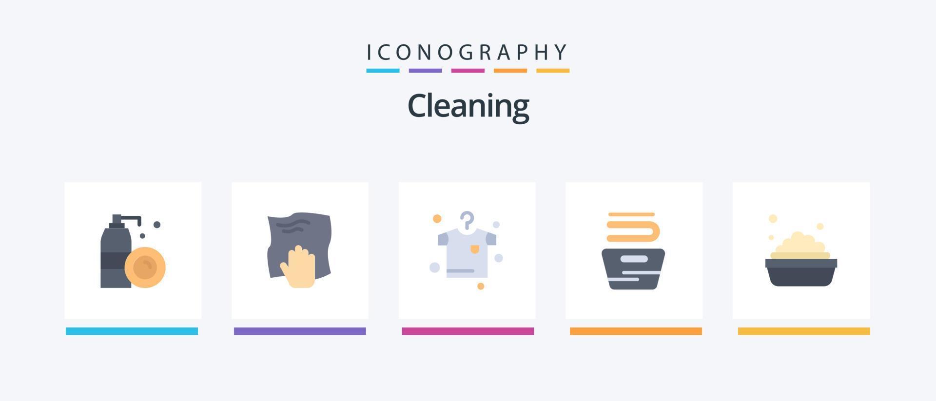 rengöring platt 5 ikon packa Inklusive rengöring. tvättning. skrubba. hushållning. rengöring. kreativ ikoner design vektor