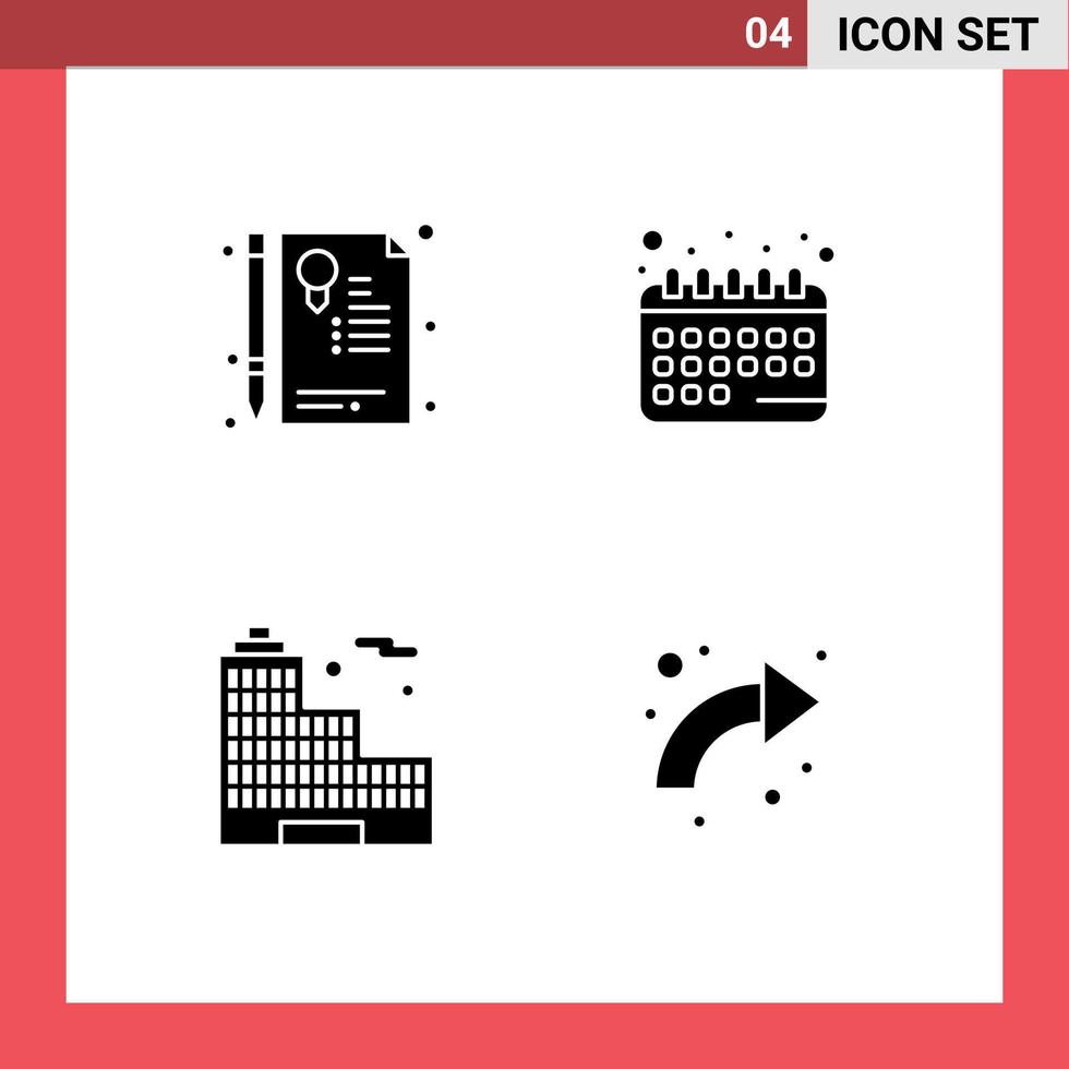 4 solides Glyphenkonzept für mobile Websites und Apps Zertifikat Stadtsiegel Datumspfeil editierbare Vektordesign-Elemente vektor