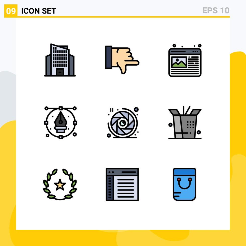 Gruppe von 9 modernen Filledline-Flachfarben für Kameraverschluss Kamerabild Bleistiftzeichnung editierbare Vektordesign-Elemente vektor