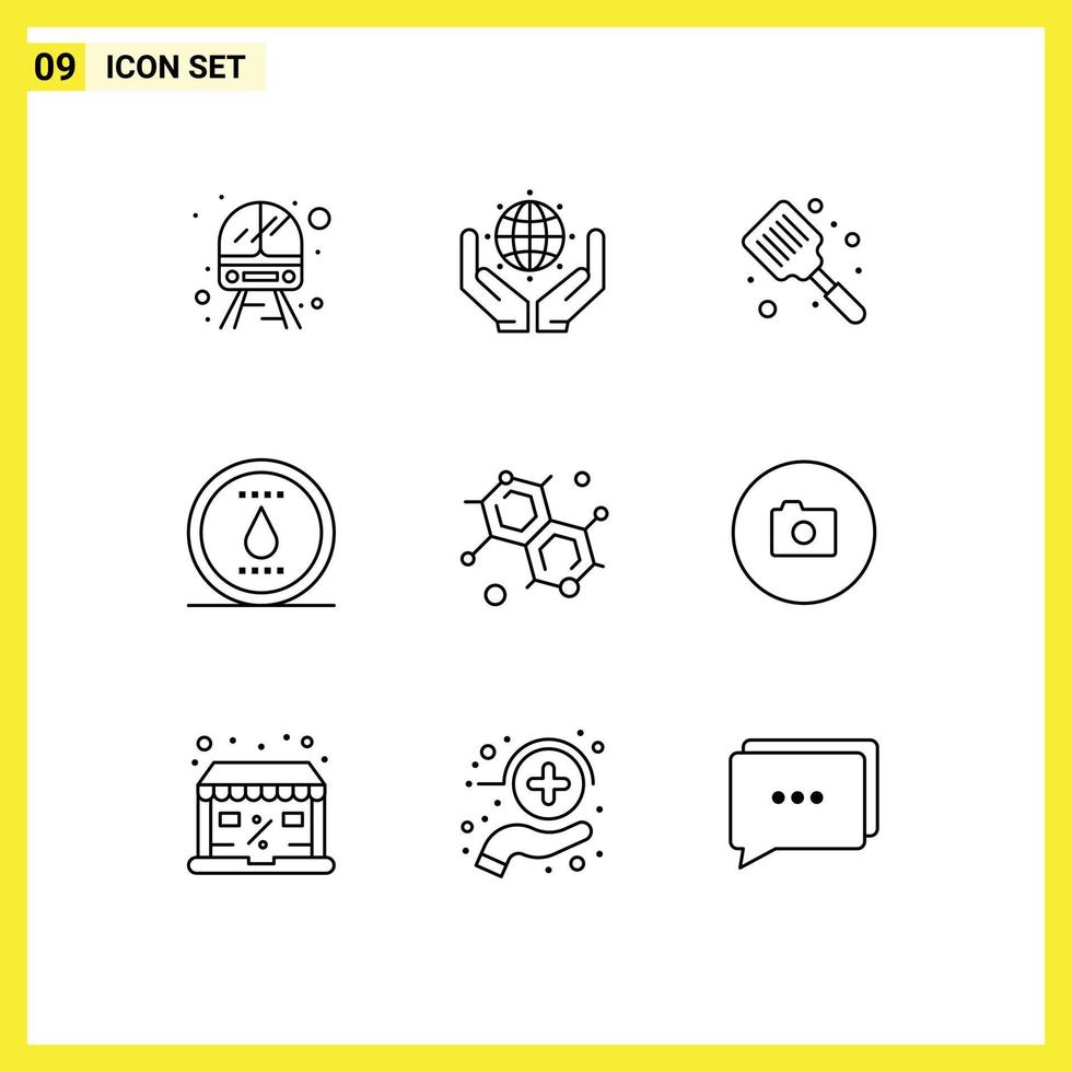 Mobile Interface Gliederungssatz von 9 Piktogrammen von Chemiker Power Baked Nature Spatula editierbare Vektordesign-Elemente vektor