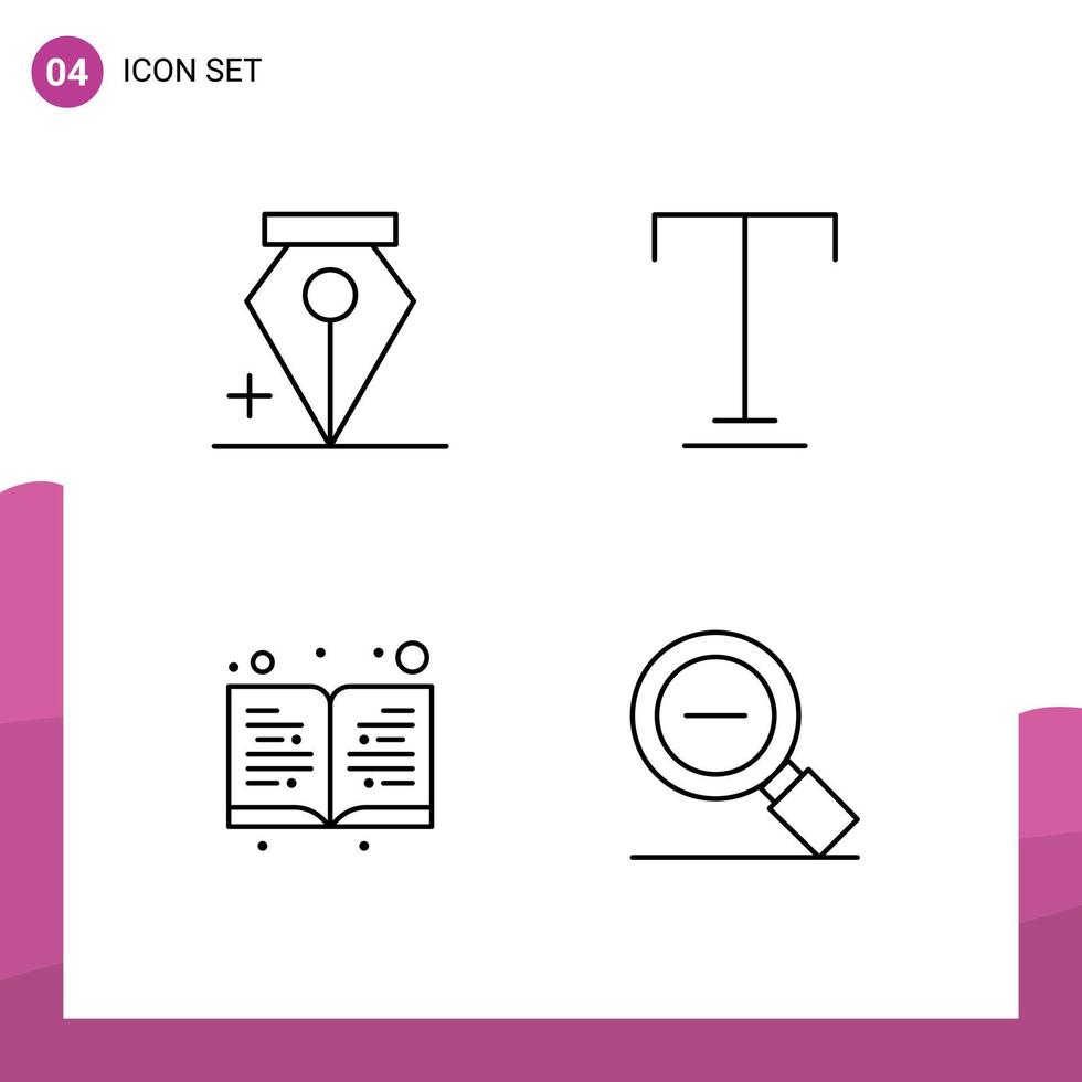 Gruppe von 4 gefüllten flachen Farben Zeichen und Symbolen für das Hinzufügen von weniger Schriftbuch Lupe editierbare Vektordesign-Elemente vektor