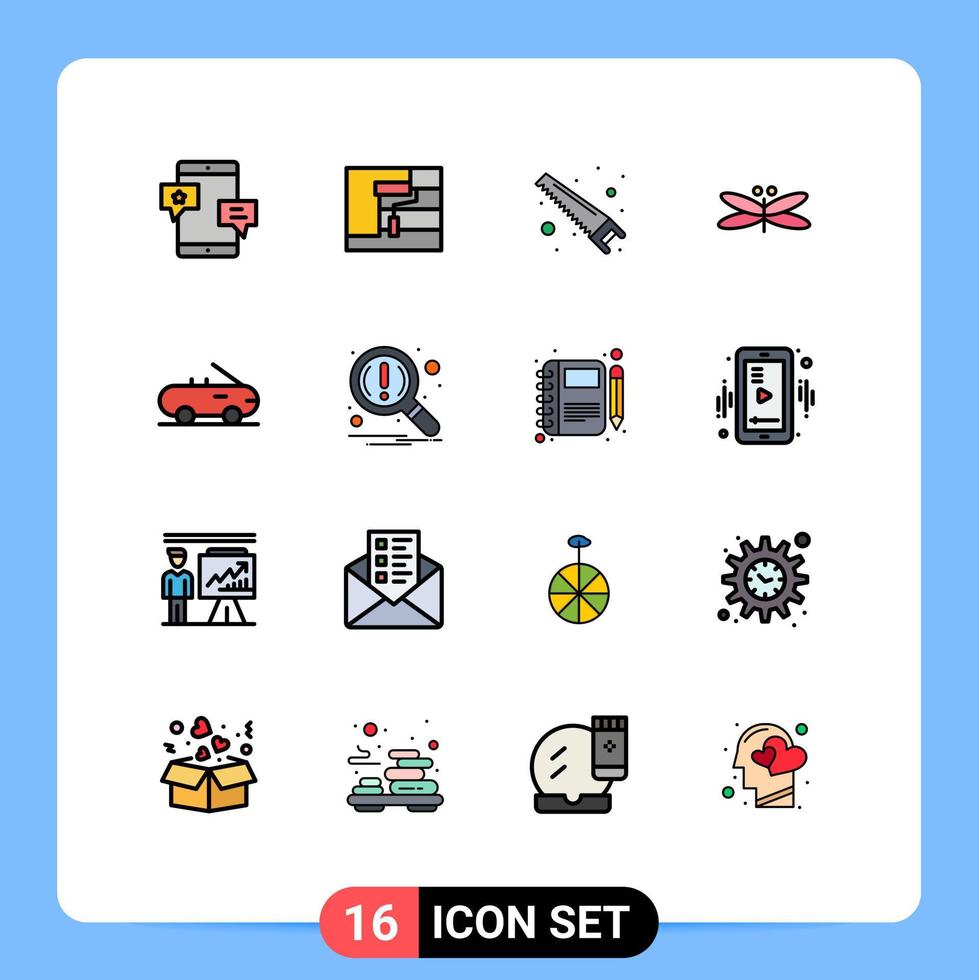 grupp av 16 platt Färg fylld rader tecken och symboler för vår drakar verktyg trollslända fräs redigerbar kreativ vektor design element