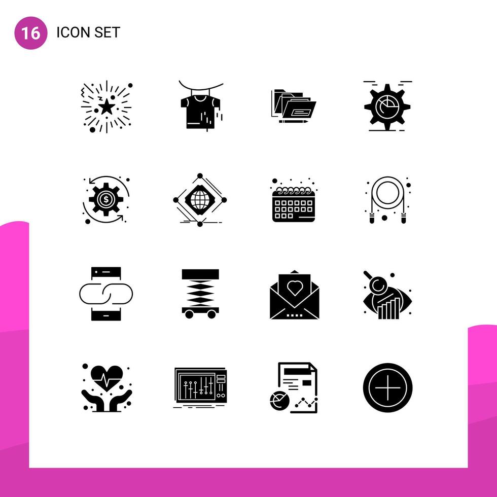 Gruppe von 16 modernen soliden Glyphen, die für bearbeitbare Vektordesign-Elemente für Geldzahnrad-Ordnerdiagramme eingestellt sind vektor