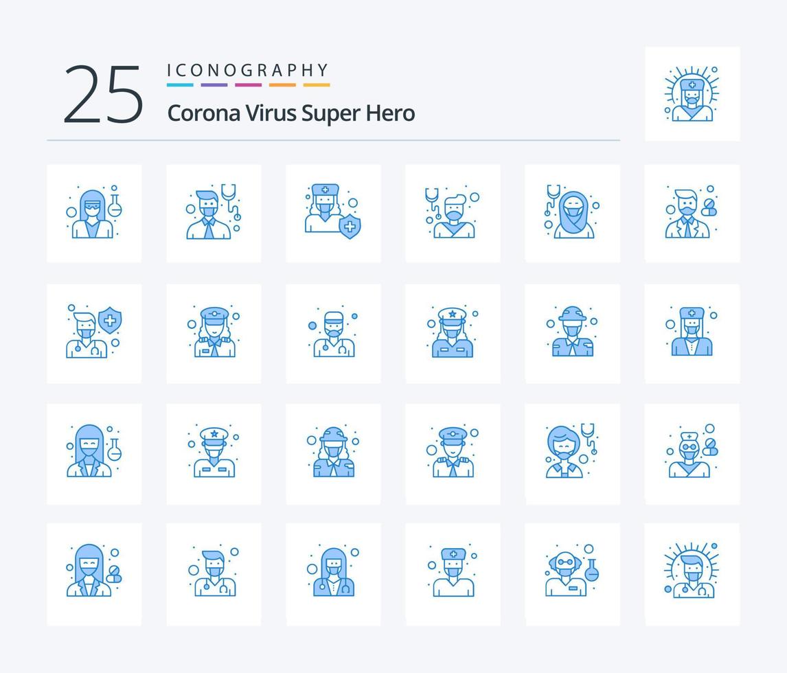 Corona-Virus-Superheld 25 blaues Symbolpaket mit Mädchen. Pflege. medizinisch. männlich. Arzt vektor