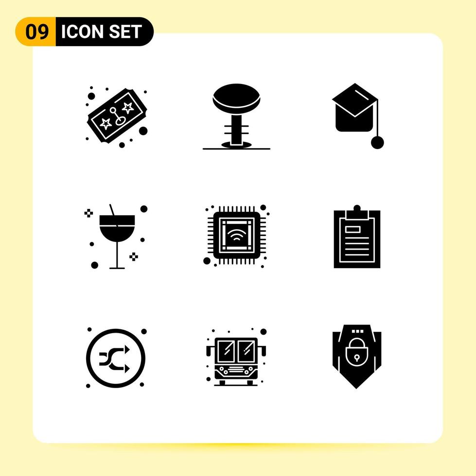 9 solides Glyphen-Konzept für mobile Websites und Apps Computer Sommer Bildung Glas Alkohol editierbare Vektordesign-Elemente vektor