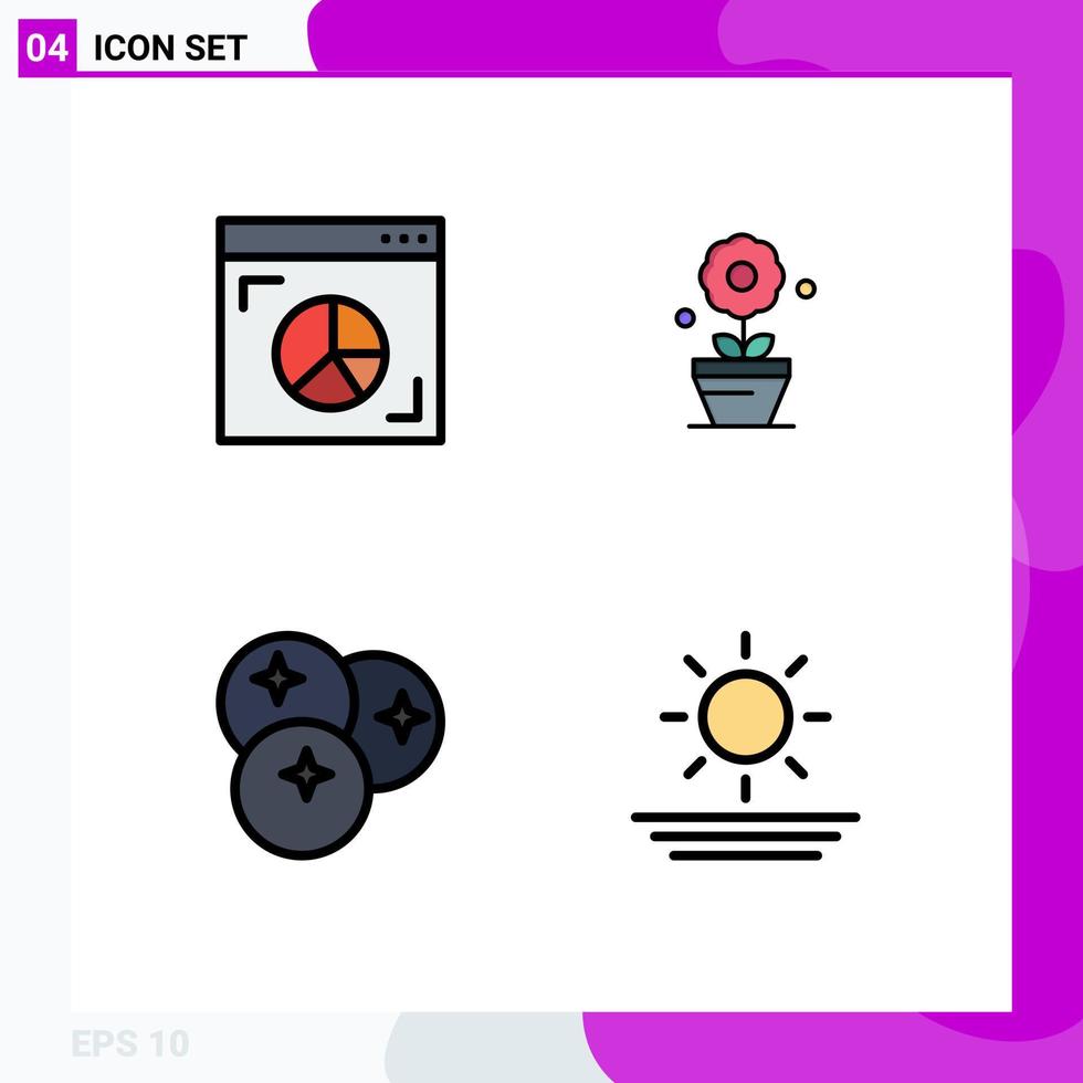 moderner Satz von 4 gefüllten flachen Farben und Symbolen wie Browser-Obstmarketing-Blumenlinie editierbare Vektordesign-Elemente vektor