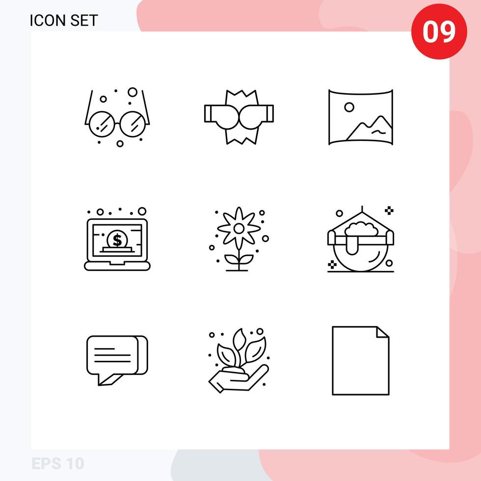 Stock Vector Icon Pack mit 9 Zeilenzeichen und Symbolen für Blumenlandwirtschaftsfilm online Laptop editierbare Vektordesign-Elemente