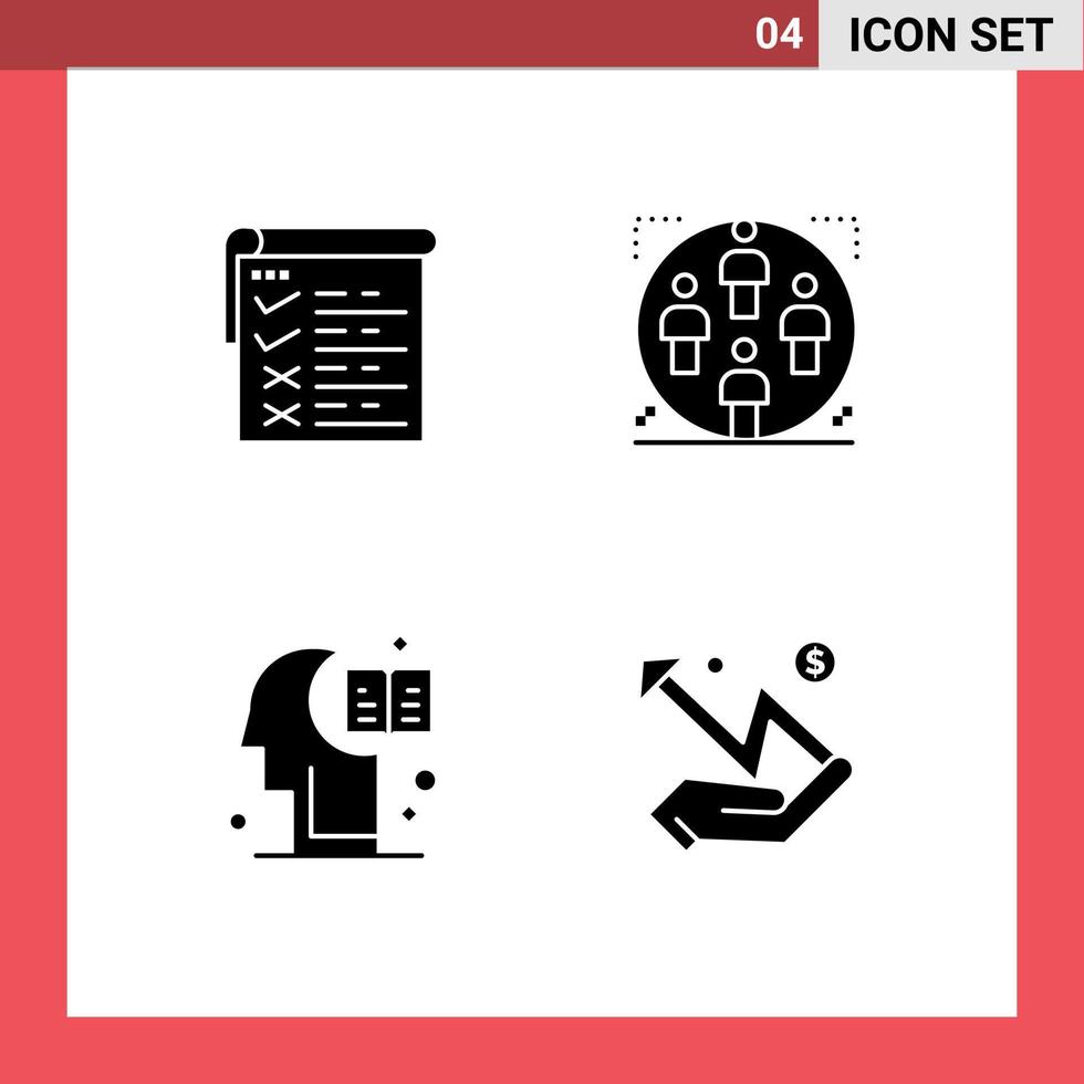 Piktogrammsatz aus 4 einfachen soliden Glyphen der Checkliste Gehirn qa Gruppe Hemisphäre editierbare Vektordesign-Elemente vektor