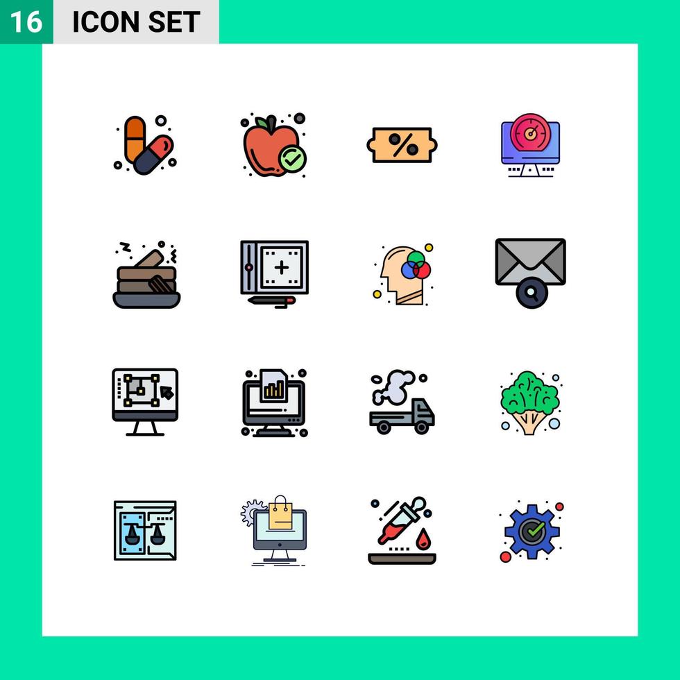 Flache, farbgefüllte Linienpackung mit 16 universellen Symbolen für Pfannkuchenstandort, gesundes Essen, Timer-Kompass, editierbare kreative Vektordesign-Elemente vektor
