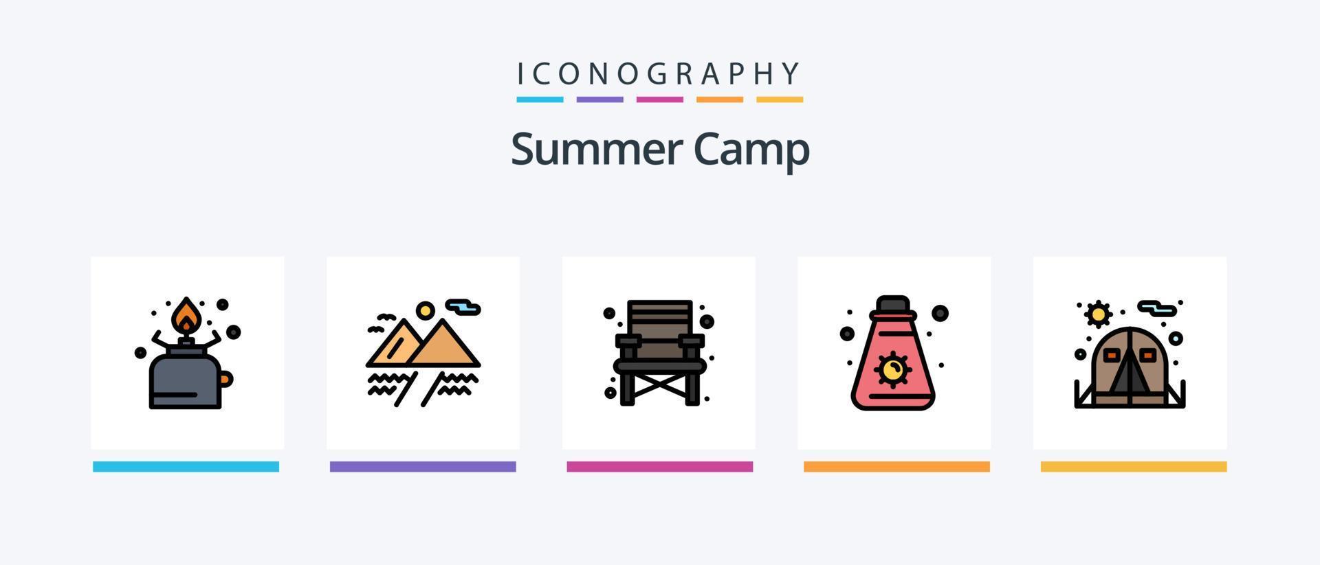 sommar läger linje fylld 5 ikon packa Inklusive träffa. camping. hammare. resa. lykta. kreativ ikoner design vektor