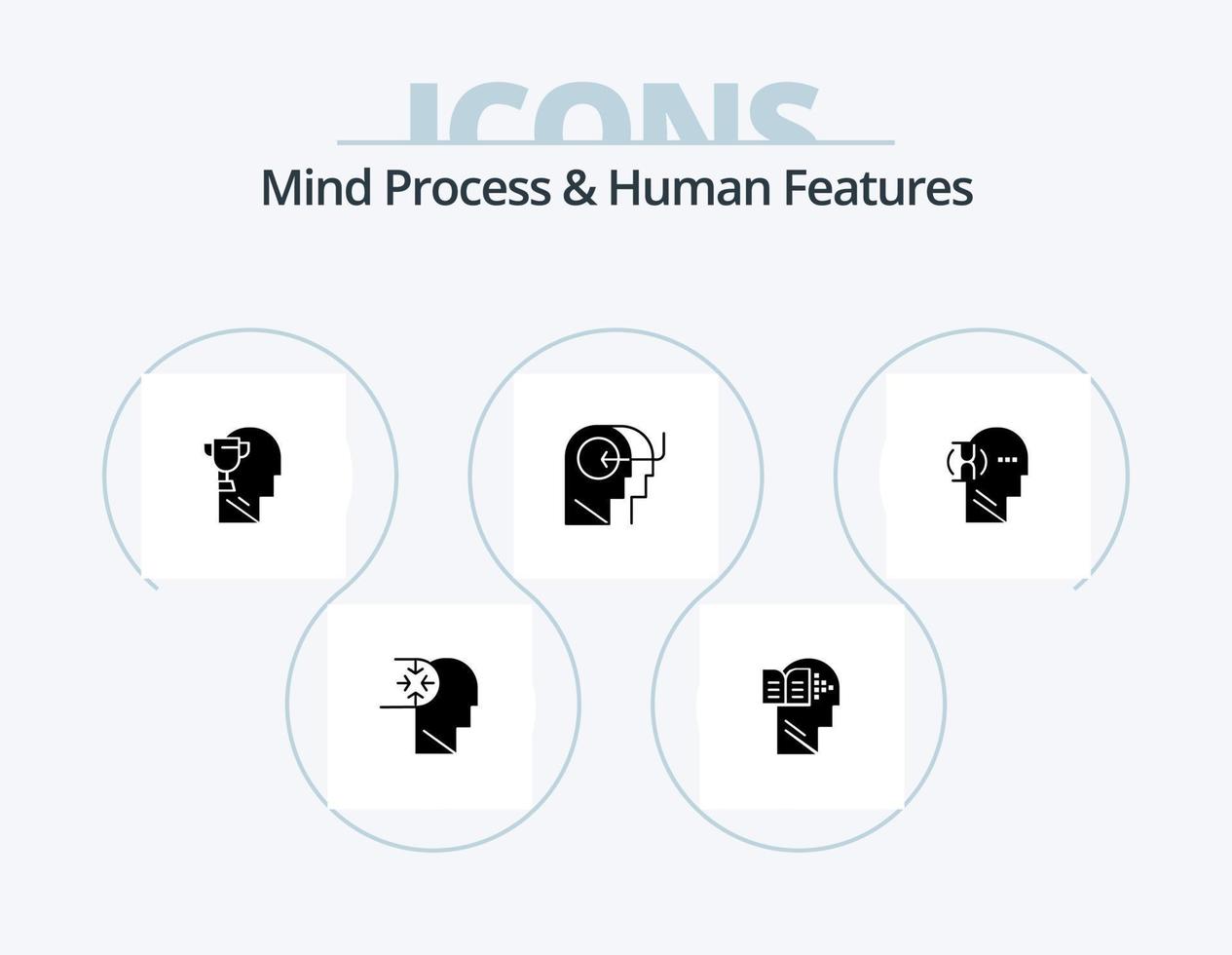 Geistprozess und menschliche Merkmale Glyphen-Icon-Pack 5 Icon-Design. Glas. Verstand. Verstand. Kopf. Menschen vektor