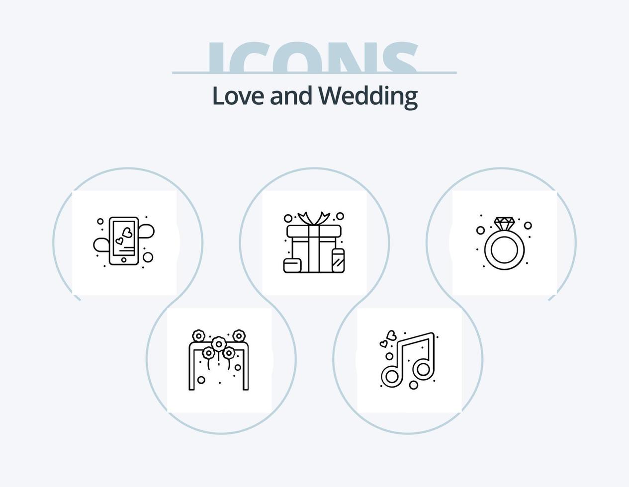 bröllop linje ikon packa 5 ikon design. fest. middag. musik. dekoration. mode vektor