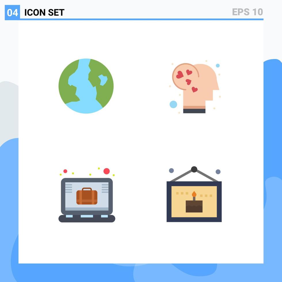 användare gränssnitt packa av 4 grundläggande platt ikoner av jord bärbar dator hjärna kärlek födelsedag redigerbar vektor design element