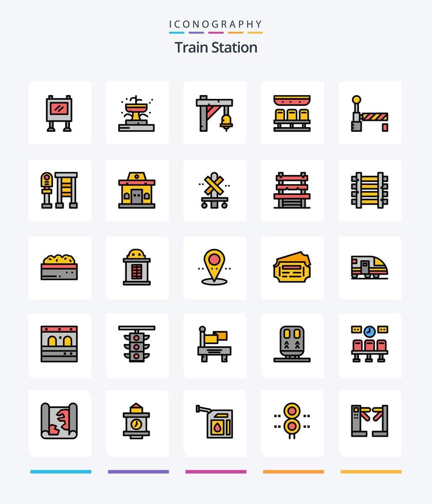 kreativer Bahnhof 25 Zeilen gefülltes Icon Pack wie Zug. reisen. Glocke. Transport. Sitze vektor