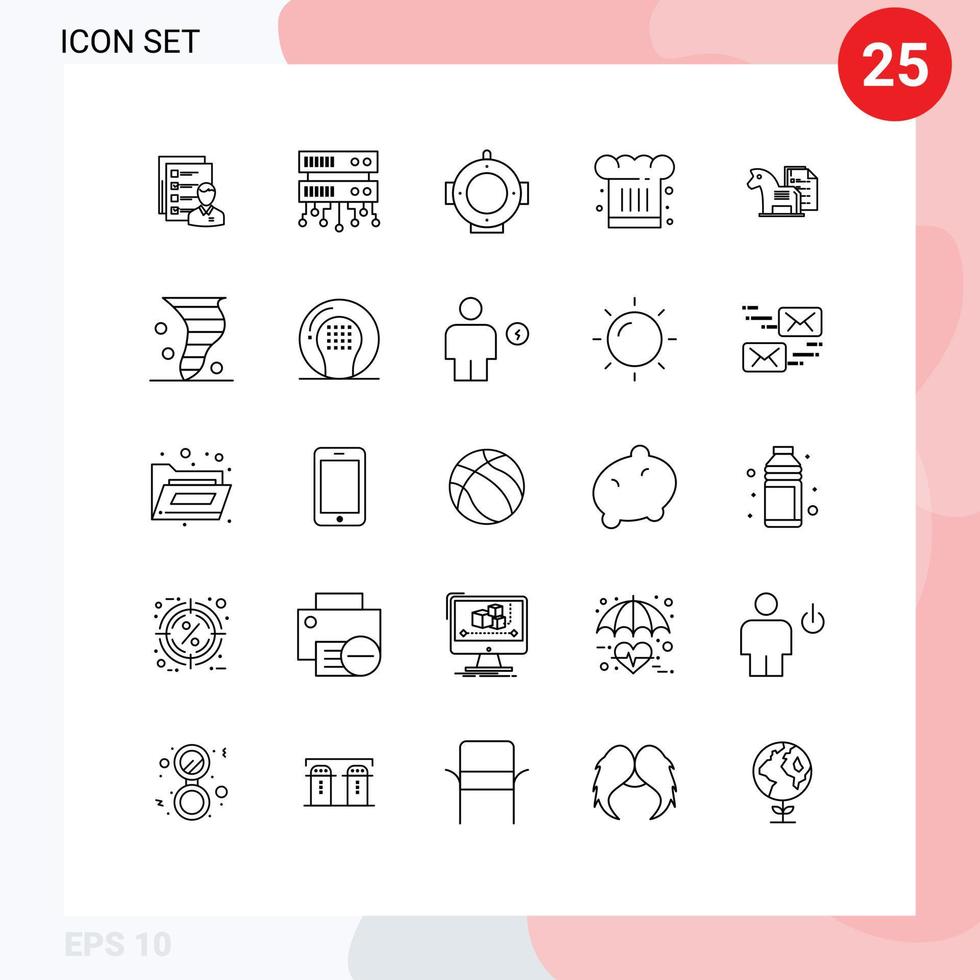 Packung mit 25 kreativen Linien von Cook Chef Database Server Café Helm editierbare Vektordesign-Elemente vektor