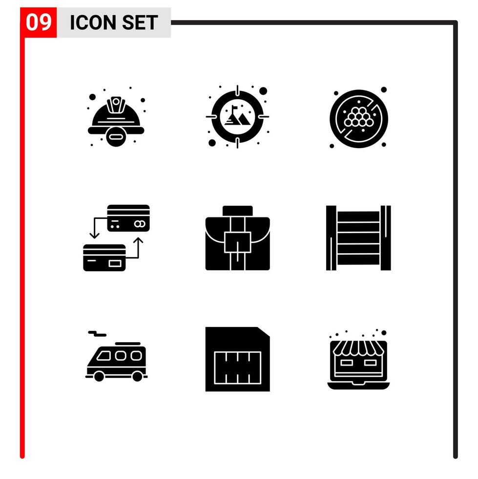 Gruppe von 9 soliden Glyphenzeichen und Symbolen für Koffer Aktentasche keine Diät Kredit Bargeld editierbare Vektordesign-Elemente vektor