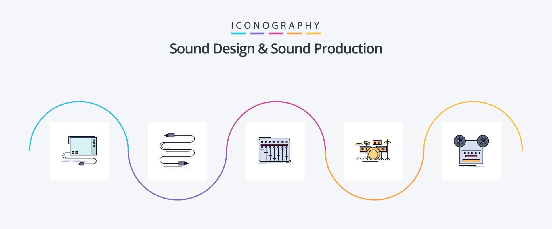 ljud design och ljud produktion linje fylld platt 5 ikon packa Inklusive instrument. trumma. ljud. studio. mixer vektor