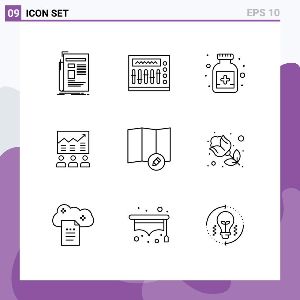 Aktienvektor-Icon-Pack mit 9 Linienzeichen und Symbolen für bearbeitbare Vektordesign-Elemente für Diagrammdiagramm-Party-Geschäftsteams vektor