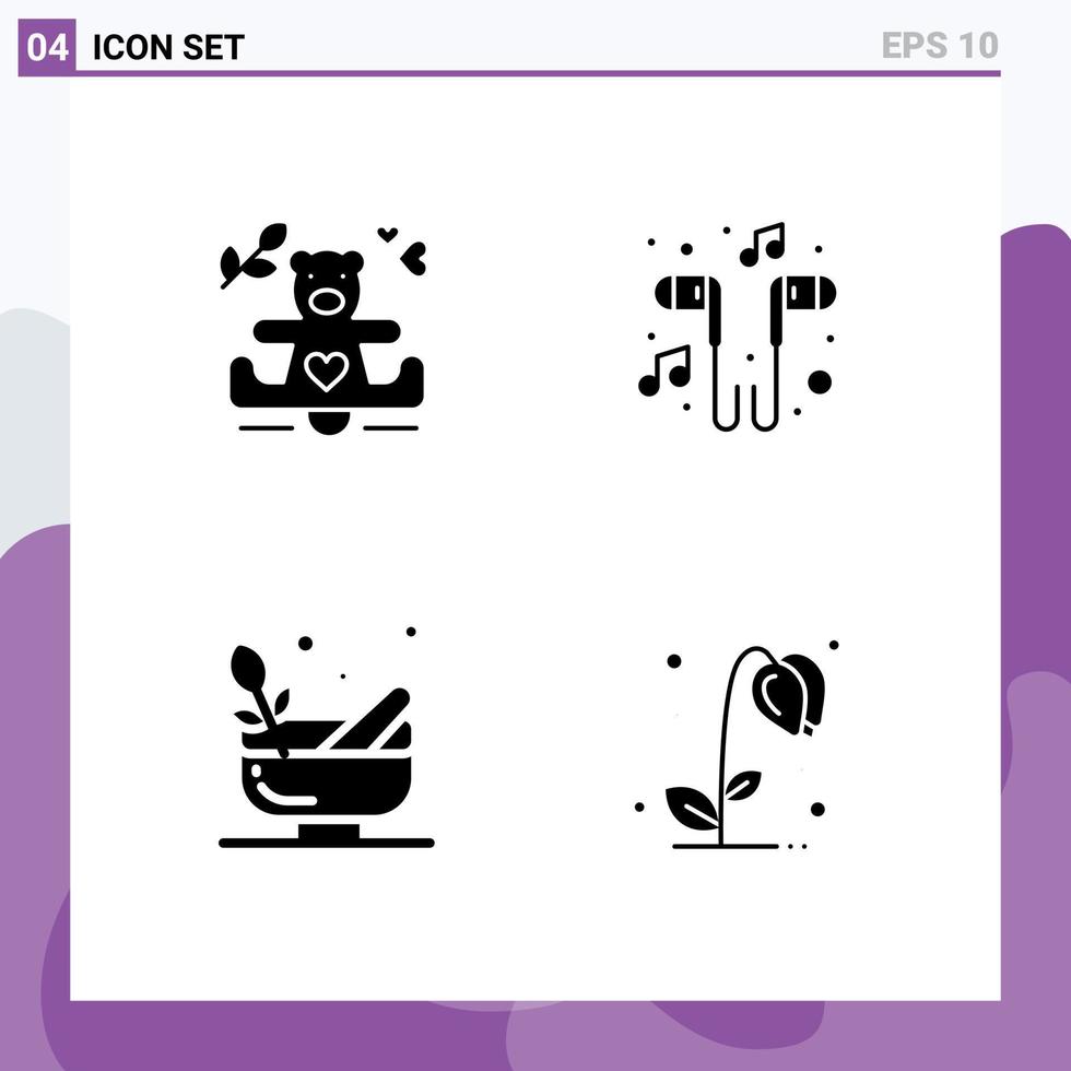 4 universelle solide Glyphen für Web- und mobile Anwendungen gesetzt Herzen schleifen Hochzeitsmusikschüssel editierbare Vektordesign-Elemente vektor