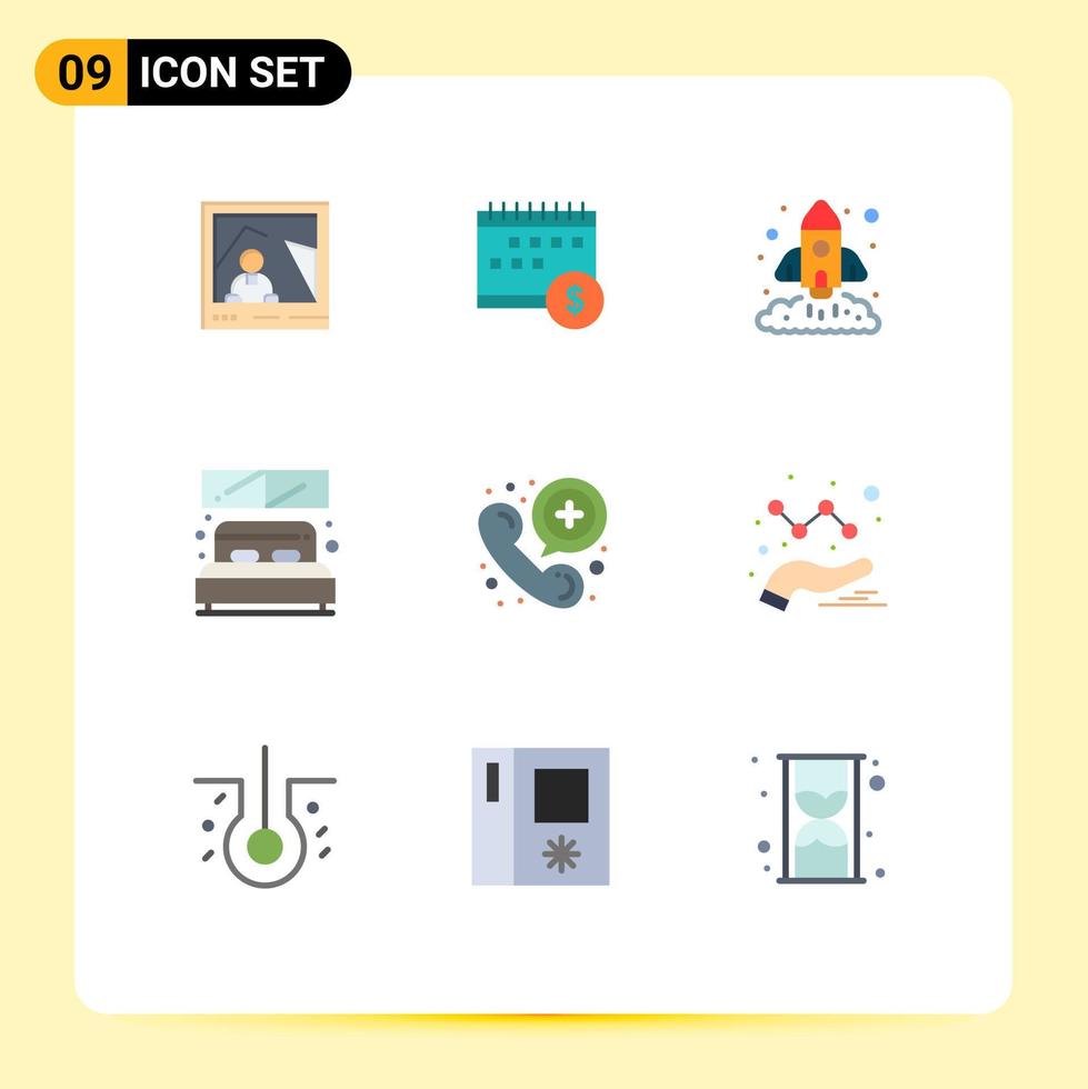 9 användare gränssnitt platt Färg packa av modern tecken och symboler av rum säng tid börja marknadsföring redigerbar vektor design element