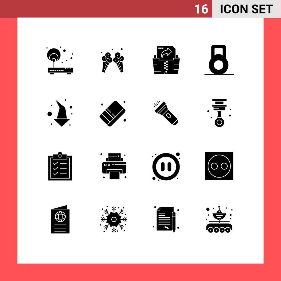16 användare gränssnitt fast glyf packa av modern tecken och symboler av suddgummi riktning amerikan vänster hantel redigerbar vektor design element