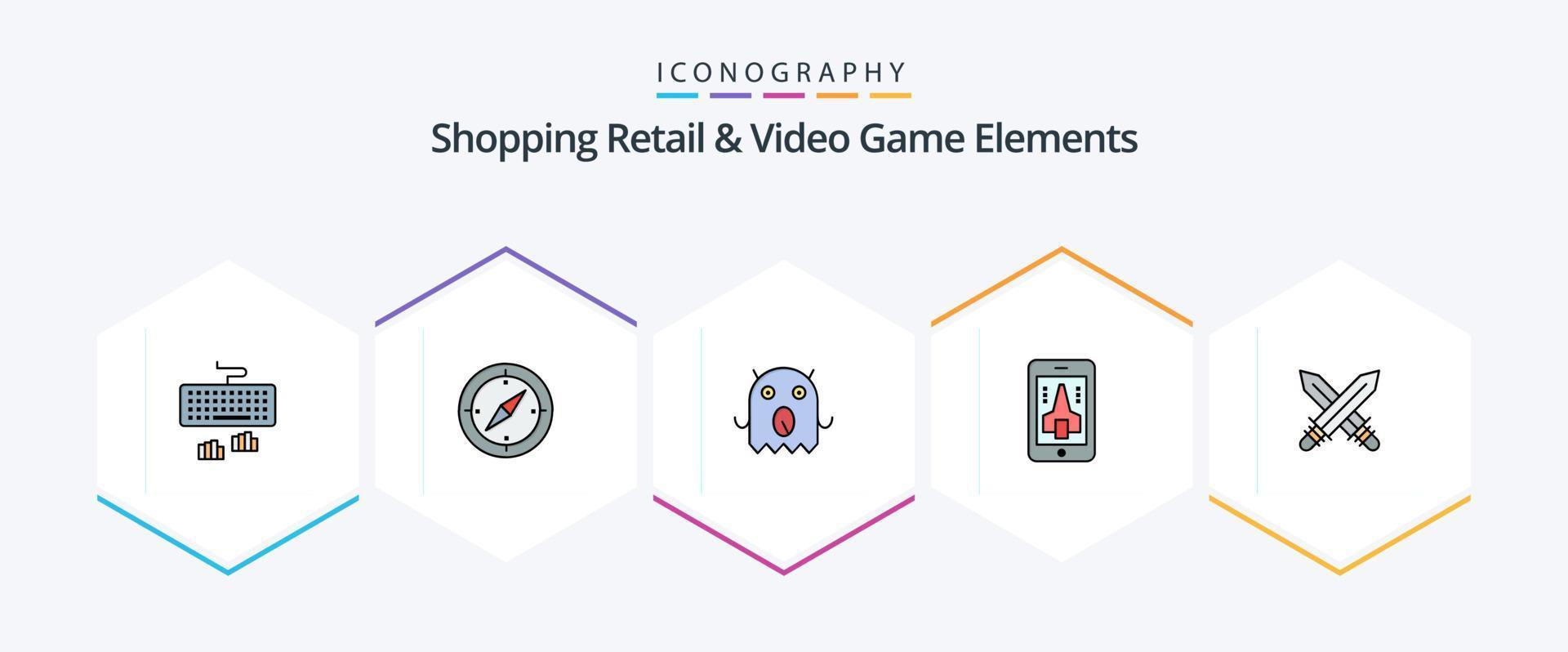 shoping detaljhandeln och video spel element 25 fylld linje ikon packa Inklusive sporter. svärd. monster. smartphone. spelar vektor