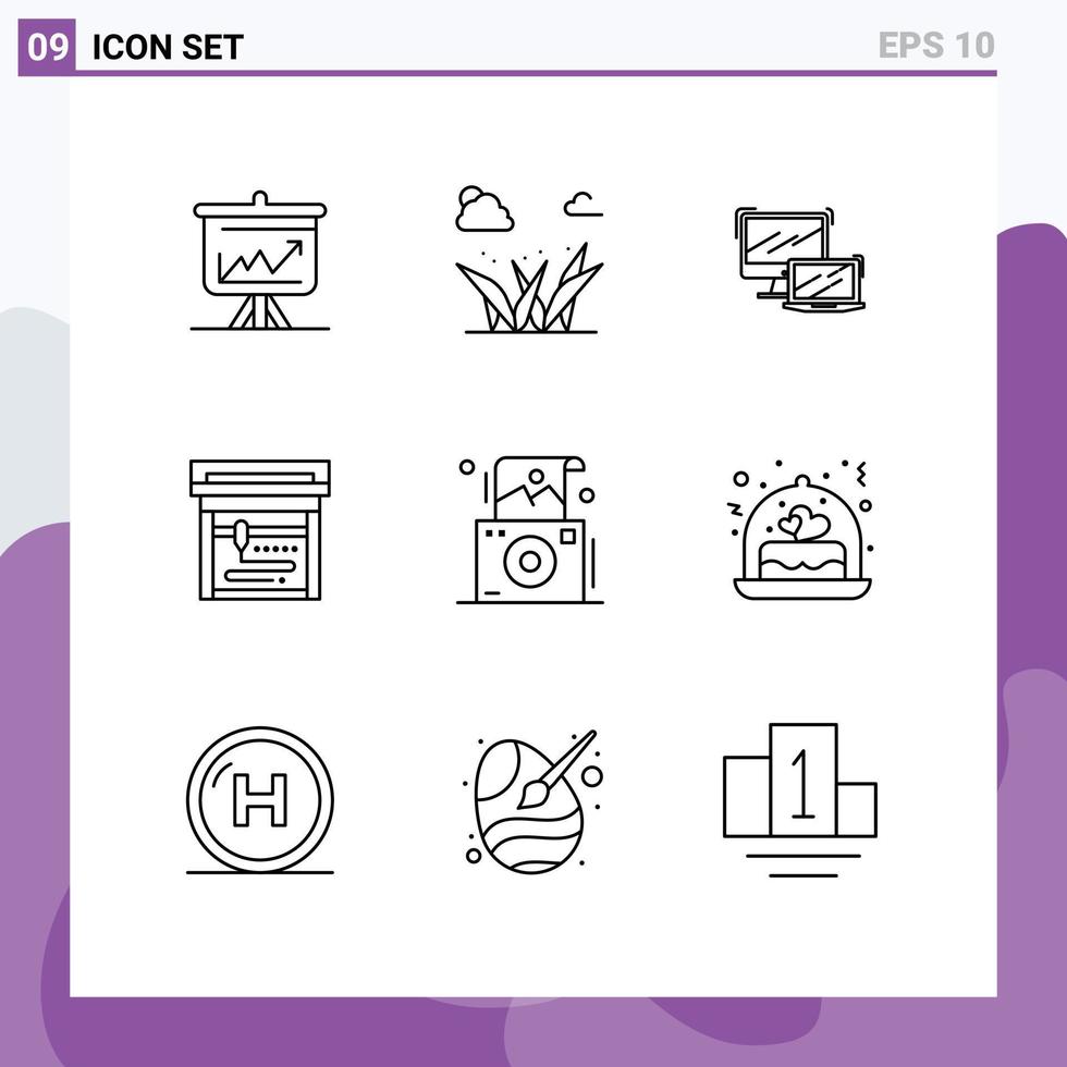grupp av 9 konturer tecken och symboler för Foto utskrift vår maskin flap redigerbar vektor design element