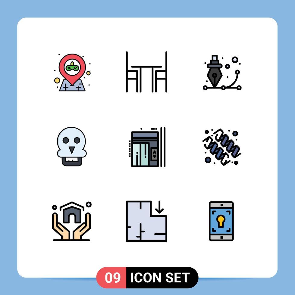 9 universell fylld linje platt färger uppsättning för webb och mobil tillämpningar man skalle av död tabell skalle penna redigerbar vektor design element
