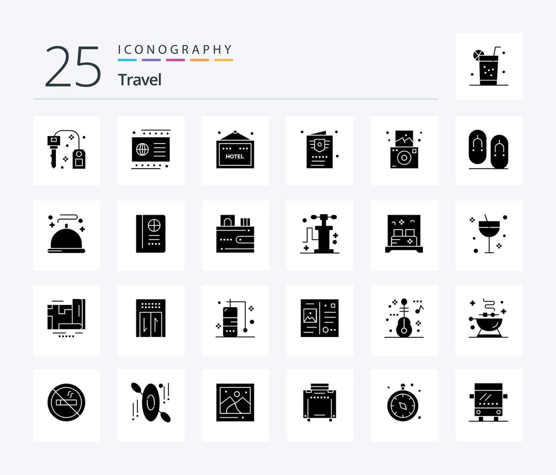 Reisen 25 solides Glyphen-Icon-Paket inklusive Reisen. Kamera. Hotel. reisen. Reisepass vektor