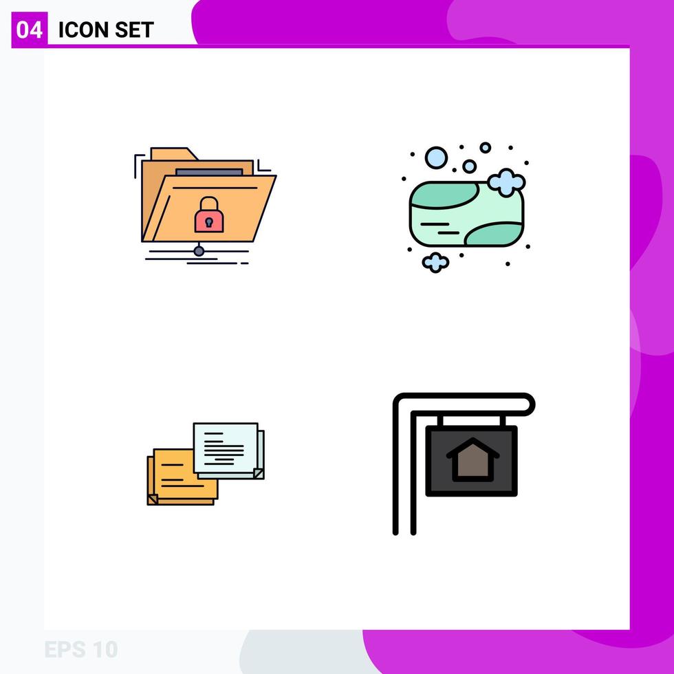 universelle Symbolsymbole Gruppe von 4 modernen gefüllten flachen Farben der Verschlüsselung Chat-Netzwerk Bad Seife Nachricht editierbare Vektordesign-Elemente vektor