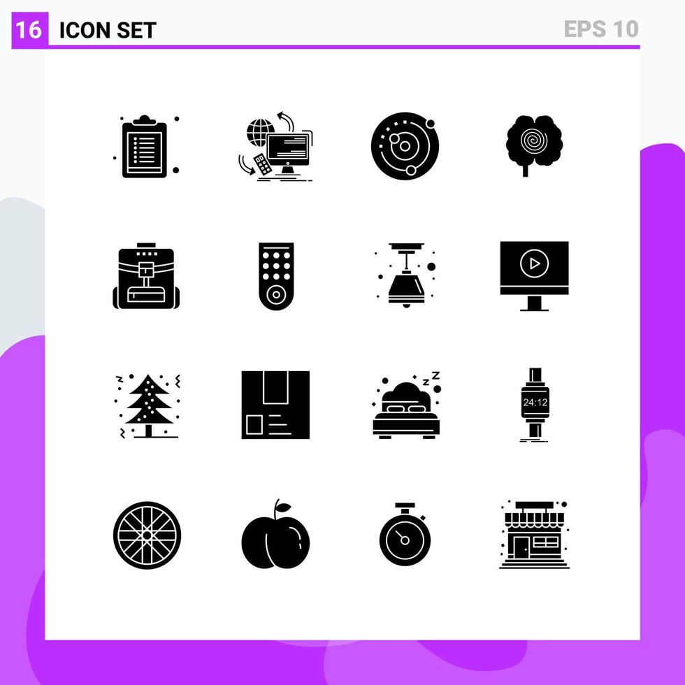 Gruppe von 16 modernen soliden Glyphen, die für bearbeitbare Vektordesign-Elemente der Taschenhypnose-Umlaufbahnkopfkugel gesetzt werden vektor