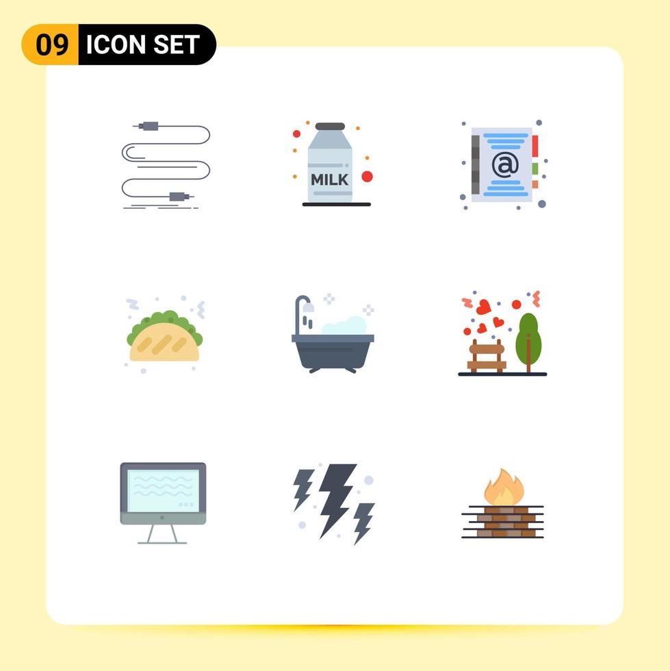Stock Vector Icon Pack mit 9 Zeilen Zeichen und Symbolen für Garten saubere Adresse Badezimmer Fast Food editierbare Vektordesign-Elemente