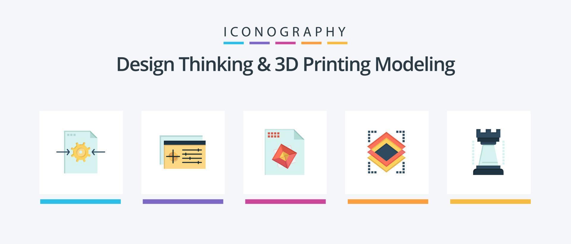 Design Thinking und D Printing Modeling Flat 5 Icon Pack inklusive König. Unterhaltung. Datei. Server. Objekt. kreatives Symboldesign vektor