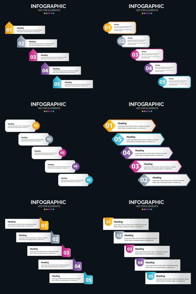 Vektor 6 Infografiken Pack Präsentationsfolie Vorlage 5 Schritte Zyklusdiagramme und Zeitleisten