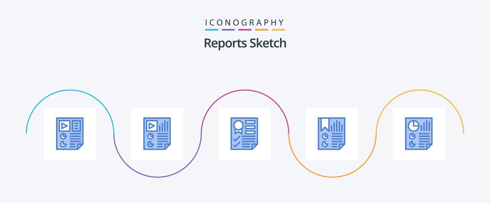 Reports Sketch Blue 5 Icon Pack inklusive Dokument. Lesezeichen. Prüfbericht. Schleife. Seite vektor