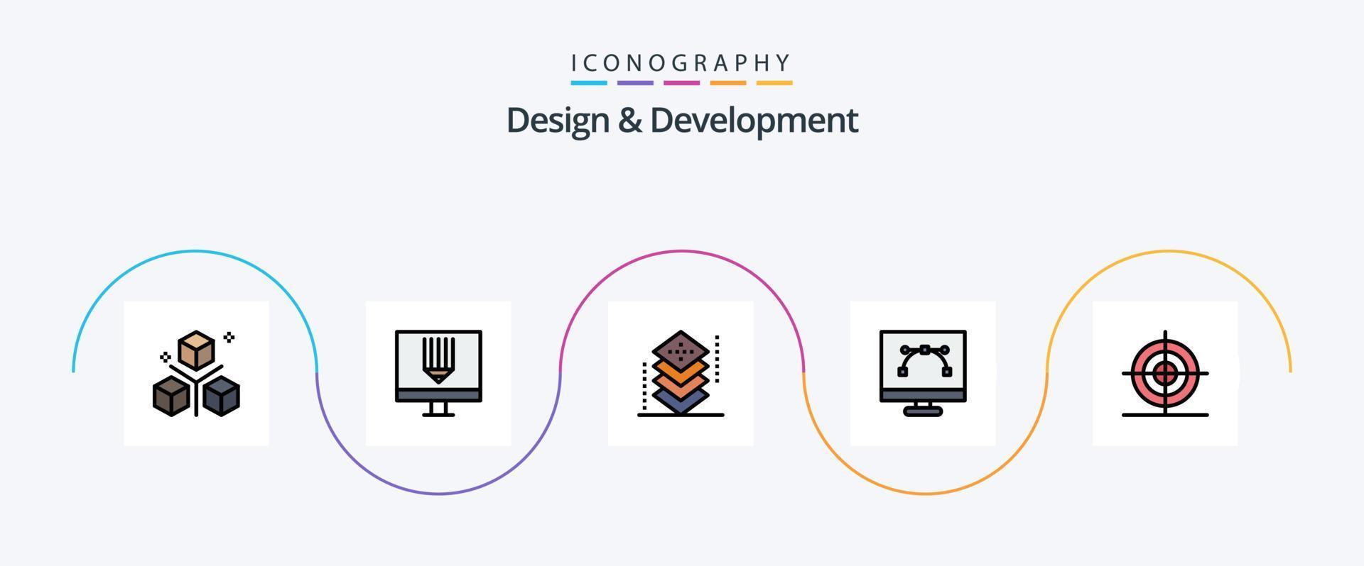 design och utveckling linje fylld platt 5 ikon packa Inklusive utveckling. bezier verktyg. utveckling. programmering. utveckling vektor