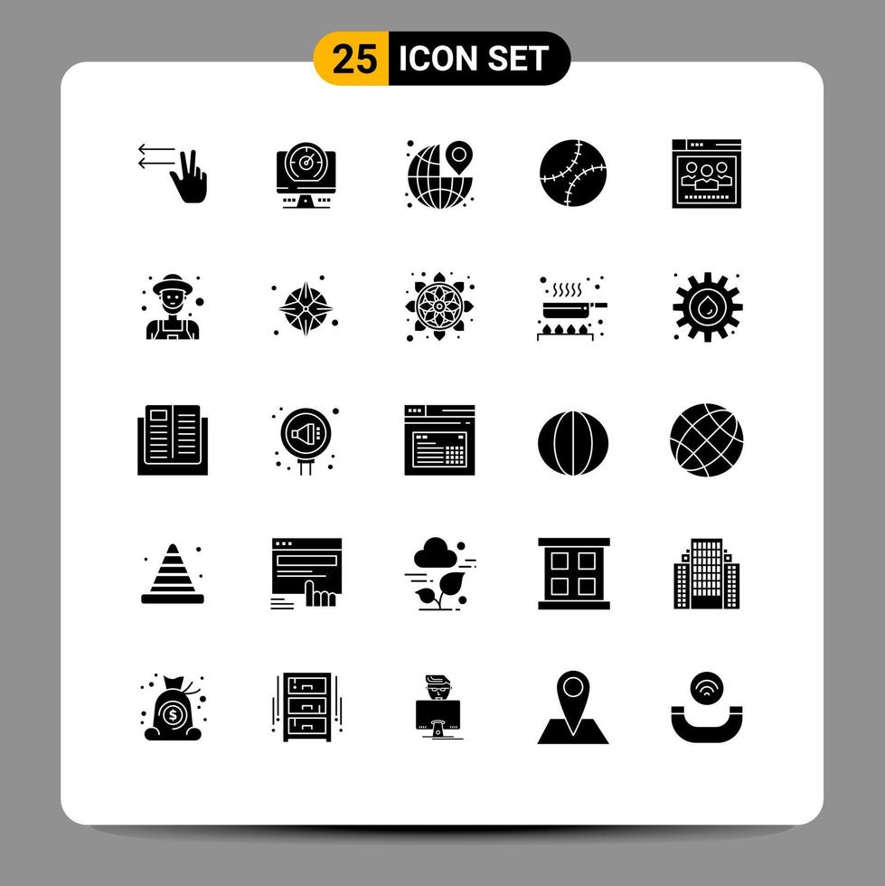25 solides Glyphen-Konzept für mobile Websites und Apps Netzwerk Baseball Ziel Männertag Vatertag editierbare Vektordesign-Elemente vektor