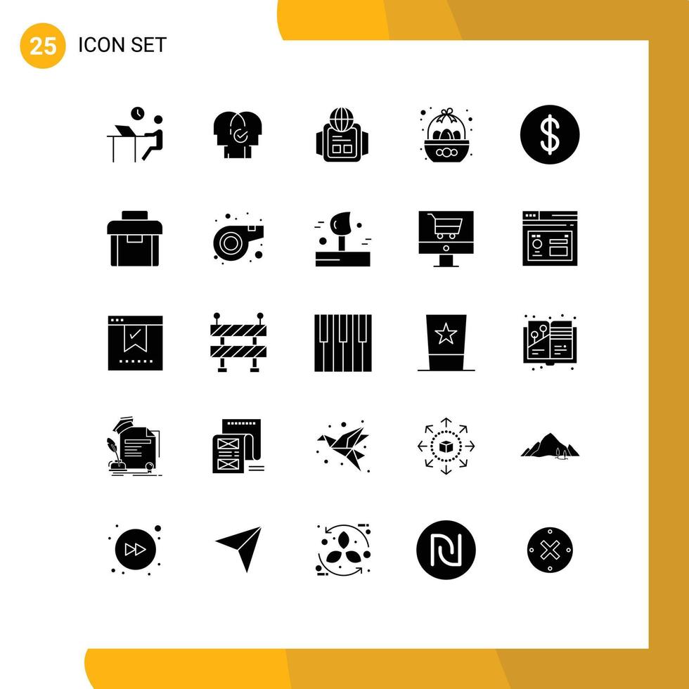 Packung mit 25 modernen soliden Glyphen-Zeichen und Symbolen für Web-Printmedien wie Ei-Feier-Ressourcen Bowl World editierbare Vektordesign-Elemente vektor