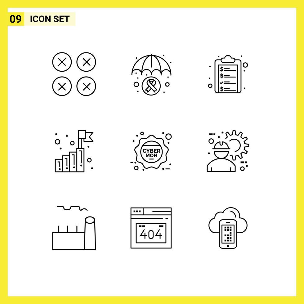 Stock Vector Icon Pack mit 9 Zeilen Zeichen und Symbolen für Cyber Monday Startup Cancer Awareness Growth Money editierbare Vektordesign-Elemente