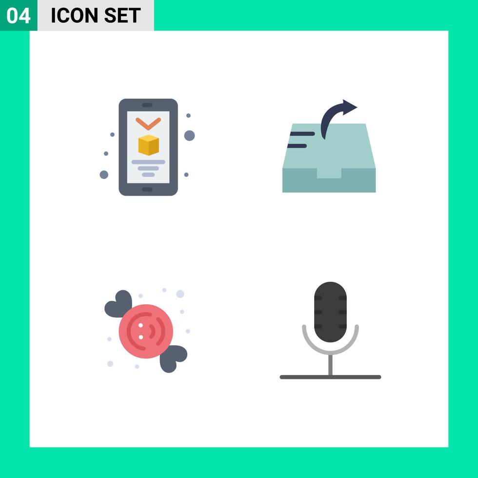 Gruppe von 4 modernen flachen Symbolen für mobile Süßigkeiten, Post, Süßigkeiten, Broadcast, editierbare Vektordesign-Elemente vektor