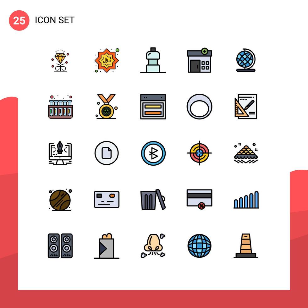 25 gefüllte Linien flaches Farbkonzept für mobile Websites und Apps Globus Erde muslimisches Haus medizinische editierbare Vektordesign-Elemente vektor