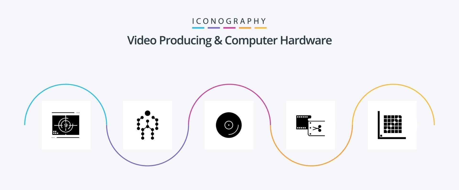 video producerar och dator hårdvara glyf 5 ikon packa Inklusive redigering. skära. mänsklig. klämma. media vektor