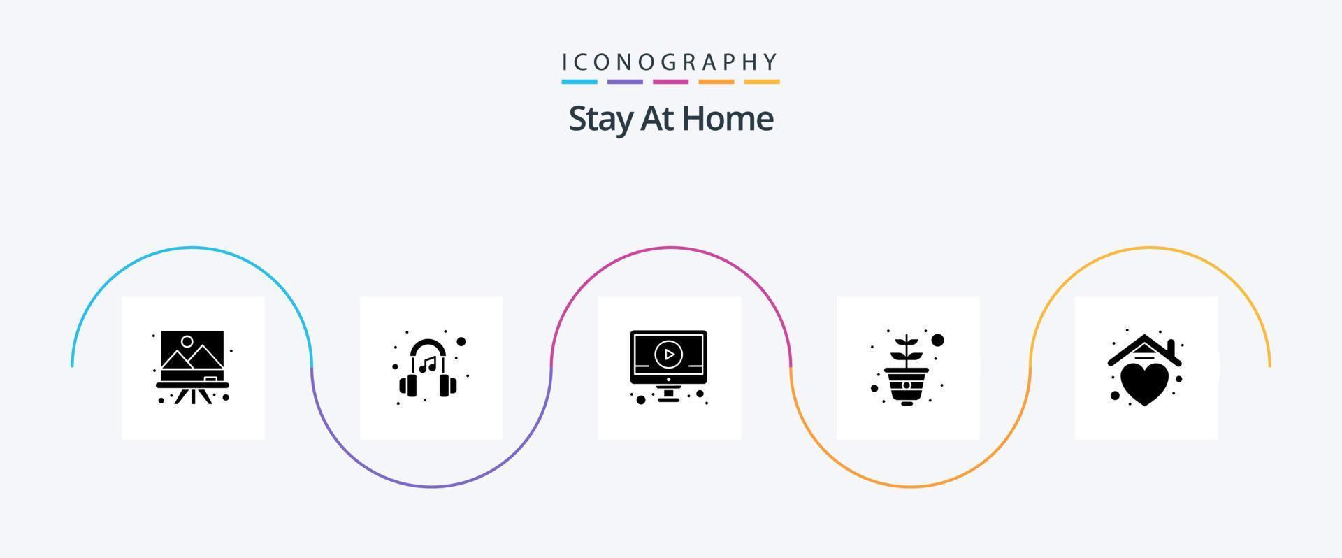 Bleib zu Hause Glyph 5 Icon Pack inklusive Zuhause. wachsend. Bildung. Topf. Gartenarbeit vektor