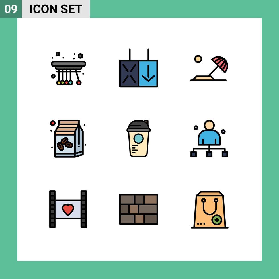 Stock Vector Icon Pack mit 9 Zeilen Zeichen und Symbolen für Erholungsflasche Ziel Bohne Kaffeebox editierbare Vektordesign-Elemente