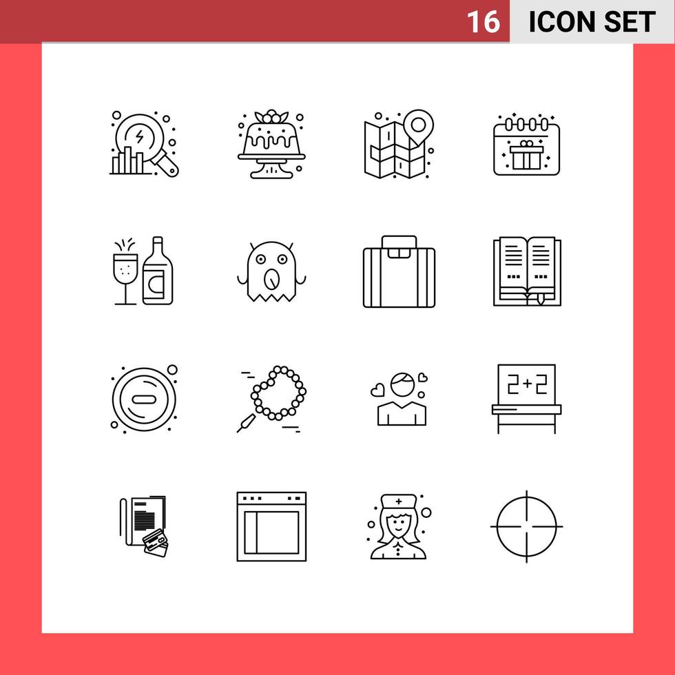 Stock Vector Icon Pack mit 16 Zeilenzeichen und Symbolen für süßen Geburtstag des Glaskalenders navigieren Sie durch editierbare Vektordesign-Elemente